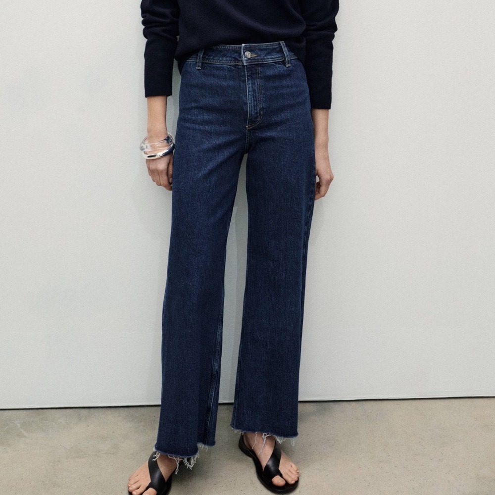 Mango MNG Catherine Culotte High-Rise Jeans Dark Blue Raw Hem Size 6